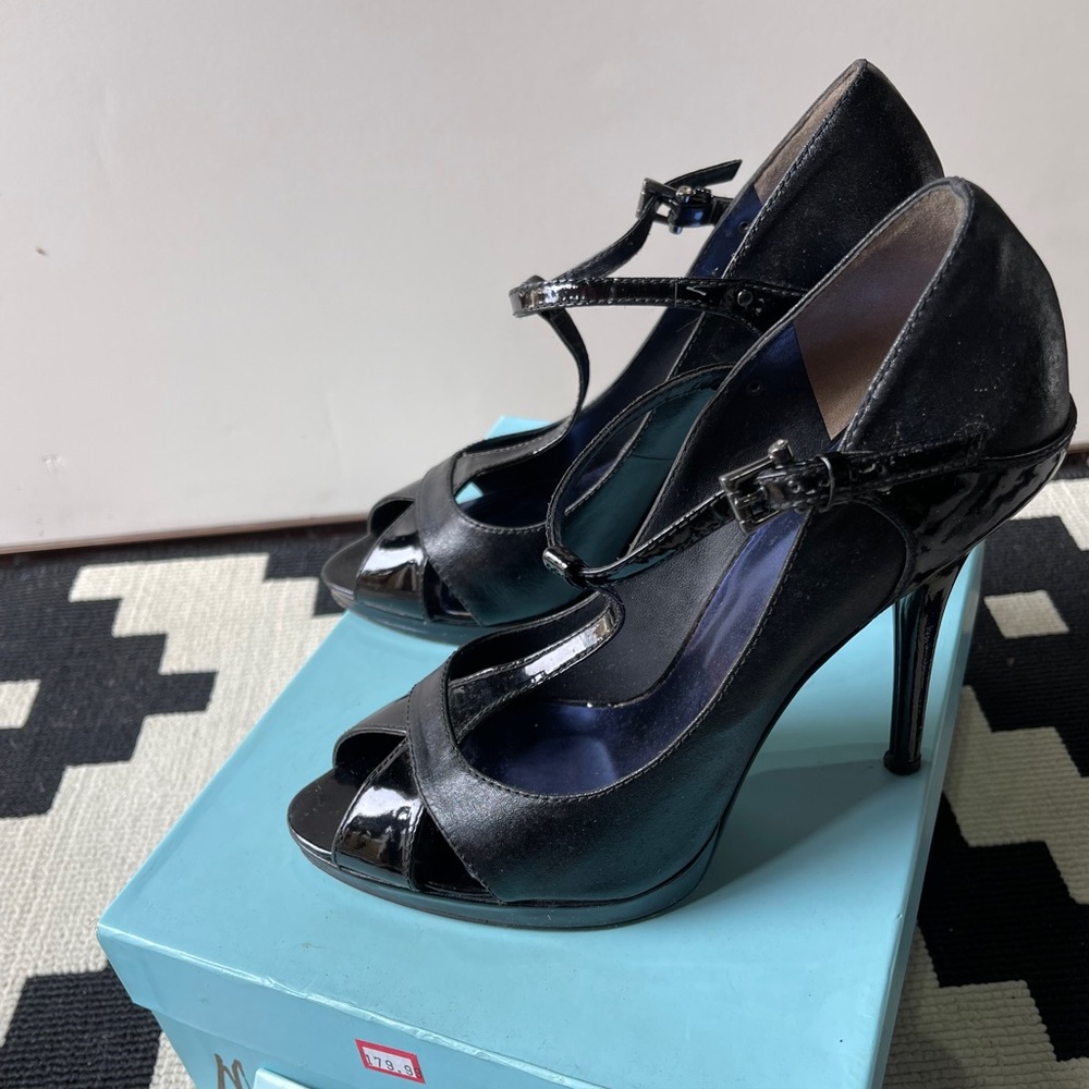 Marciano black crocodile t-strap stiletto heel